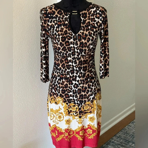 Boston Proper Regal Leopard Print Keyhole Neck Midi Dress - Picture 1 of 6
